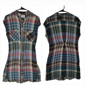 Holding Horses Mini Shirt Dress sz XS Women Plaid Blue Pink Green Coastalcowgirl